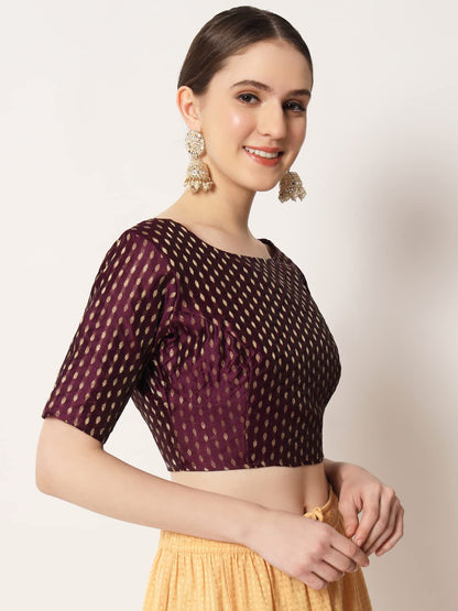 Pujia Mills Blouse Readymade Boat Neck Blouse Readymade Blouse Half Sleeve Wine Blouse Boat Neck Blouse For Women Saree Blouse R