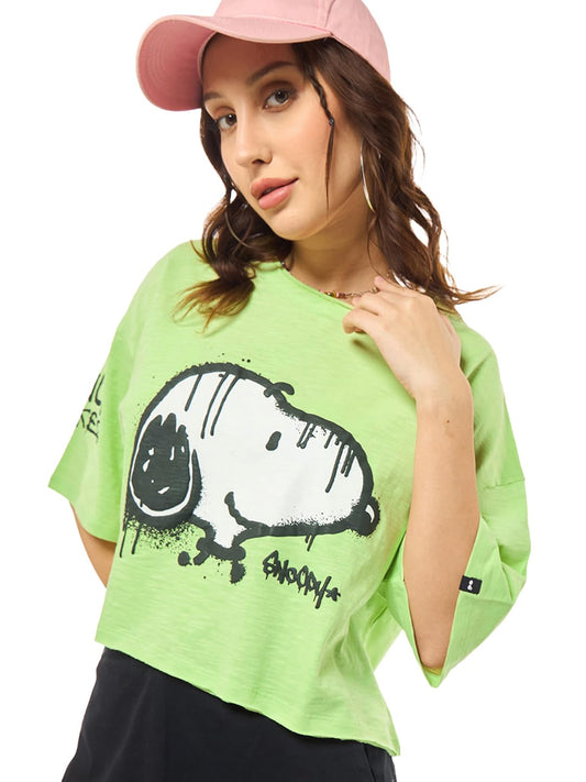 Bewakoof Air 1.0 Official Peanuts Merchandise Snoopy Womens Graphic Printed Oversized Fit Half Sleeve Round Neck Cotton Slub Sh