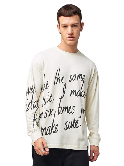 Bewakoof Mens Typography Oversized Fit Full Sleeve Round Neck Cotton T-Shirt_616671_Beige_L