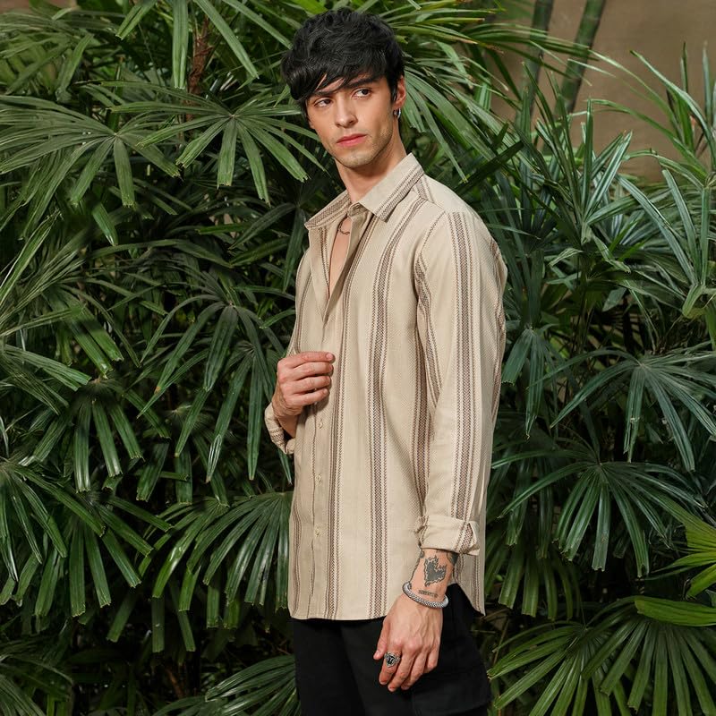 Campus Sutra Mens Bisque Beige Halo-Striped Shirt for Casual Wear | Spread Collar | Long Sleeve | Button Closure | Shirt Crafte