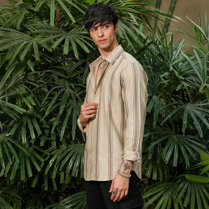 Campus Sutra Mens Bisque Beige Halo-Striped Shirt for Casual Wear | Spread Collar | Long Sleeve | Button Closure | Shirt Crafte