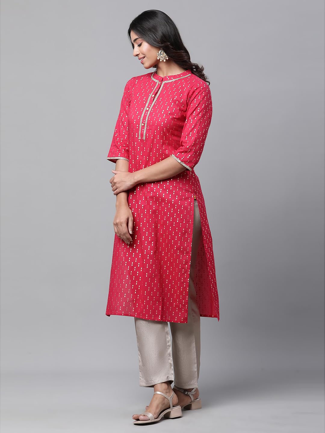 Aurelia WomenS Foil Straight Long Pink Cotton Kurta