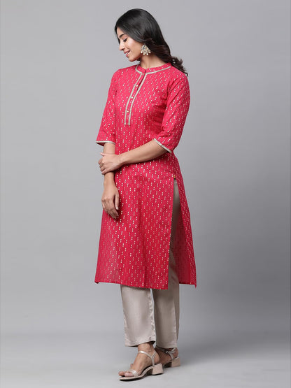 Aurelia WomenS Foil Straight Long Pink Cotton Kurta