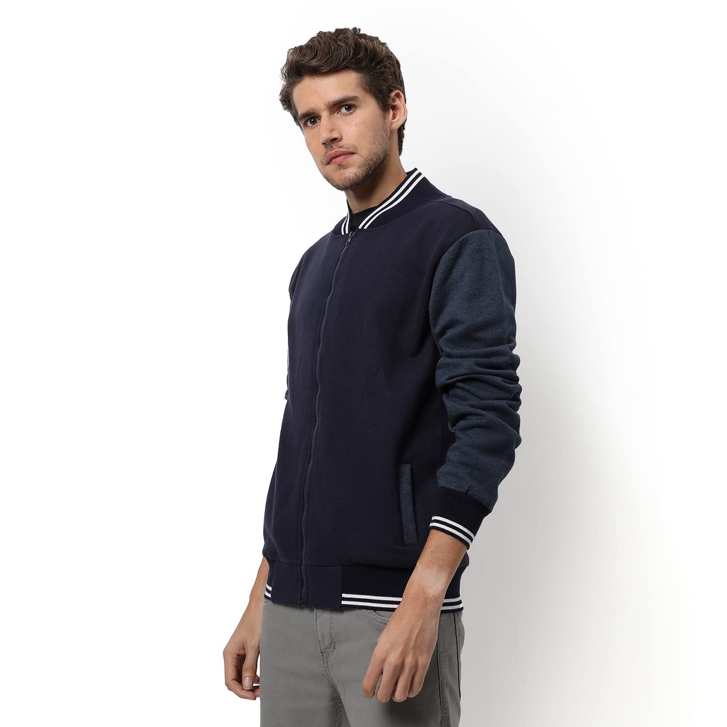 Campus Sutra Mens Dark-Washed Denim Regular Fit Cotton Varsity Jacket For Winter Wear | Low-Cut Standing Collar | Full Sleeve |