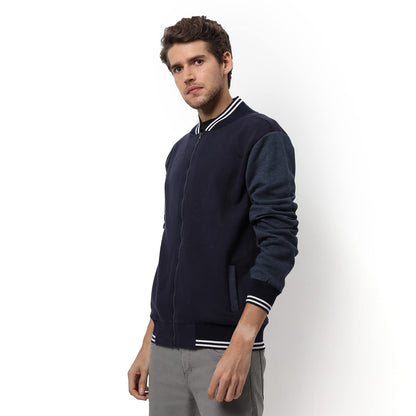 Campus Sutra Mens Dark-Washed Denim Regular Fit Cotton Varsity Jacket For Winter Wear | Low-Cut Standing Collar | Full Sleeve |