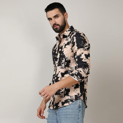 Campus Sutra Mens Beige & Black Paint Strokes Shirt for Casual Wear | Spread Collar | Long Sleeve | Button Closure | Shirt Craf