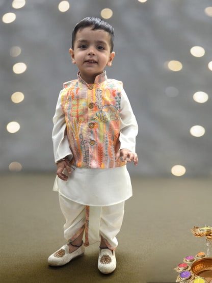 A.T.U.N. (All Things Uber Nice) Boys Off White Kurta Dhoti With Printed Nehru Jacket (3 Piece Set)