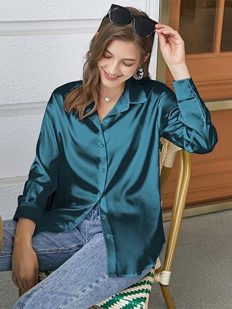 CB-COLEBROOK Womens Blouse Satin Silk Stylish Shirts Button Down Solid Shirts Casual Loose Long Sleeve Office Work Tunic Wester