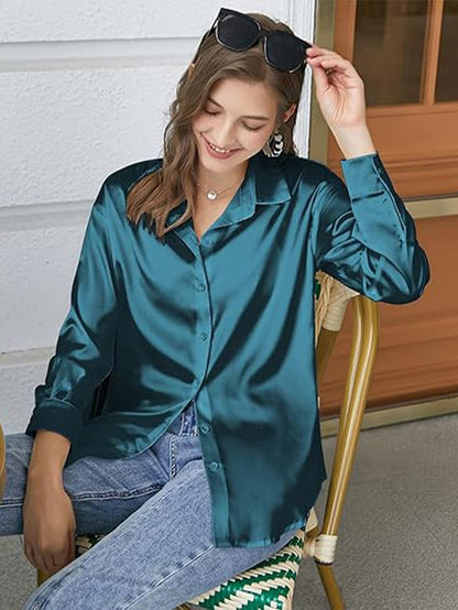 CB-COLEBROOK Womens Blouse Satin Silk Stylish Shirts Button Down Solid Shirts Casual Loose Long Sleeve Office Work Tunic Wester
