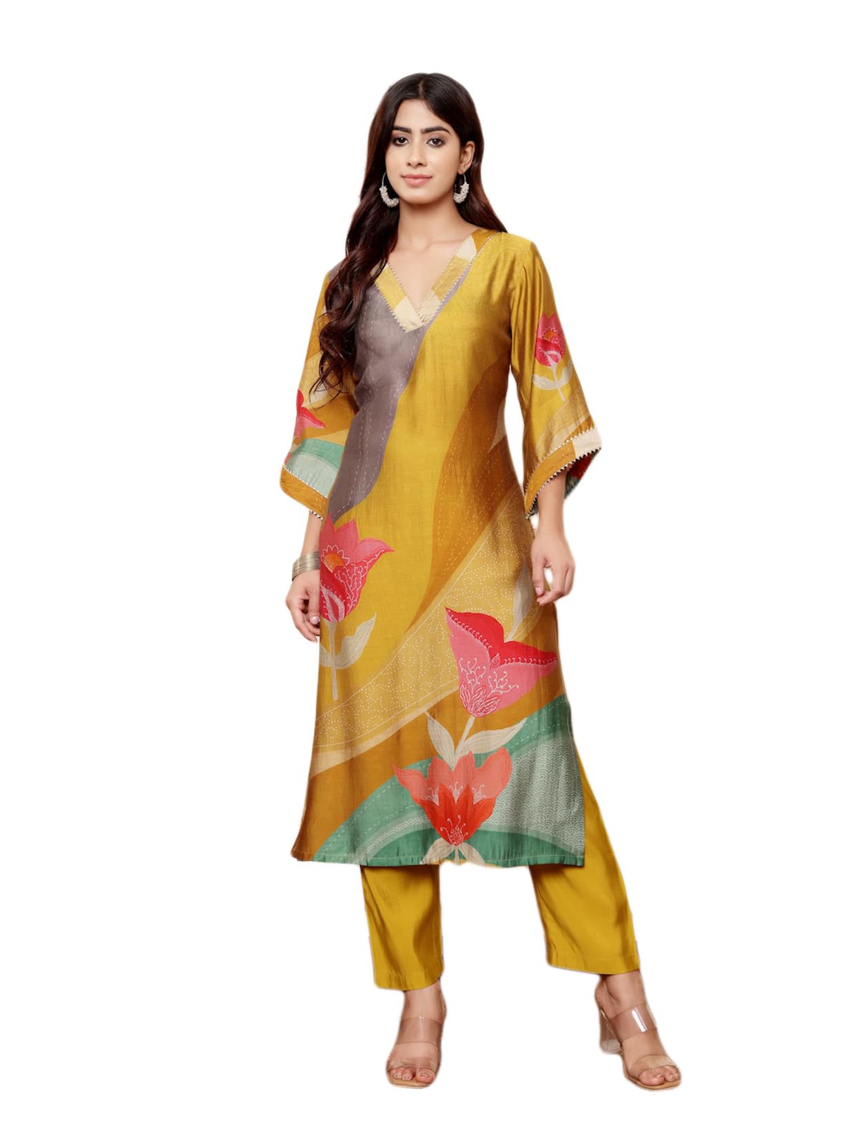 Varanga Women Olive Abstract Printed Gota Lace Detailed Kurta With Solid Trouser  Stylish Ethnic Set