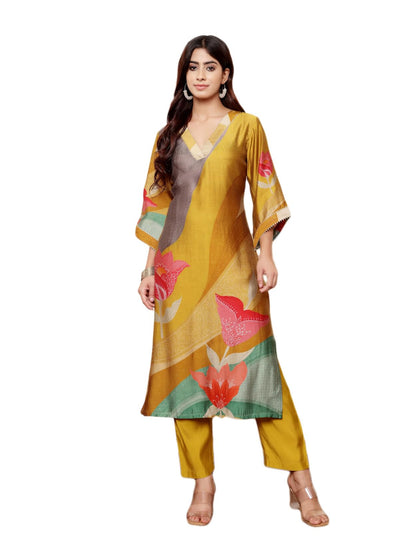 Varanga Women Olive Abstract Printed Gota Lace Detailed Kurta With Solid Trouser  Stylish Ethnic Set