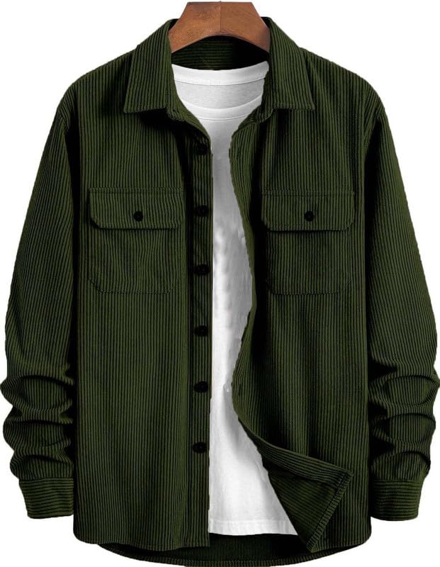 Deelmo MenS Full Sleeve Corduroy Shirt | Stylish Textured Casual Button-Down Shacket For Autumn Winter | Dual Pocket Front Desig