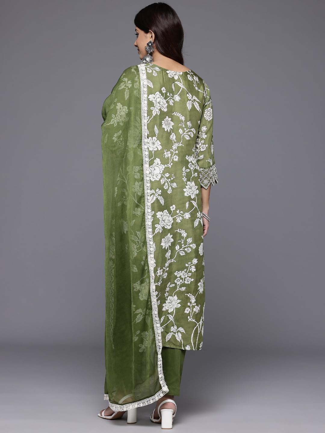 Varanga Women Green Floral Printed Shiffly Work Kurta Paired with Bottom and Dupatta