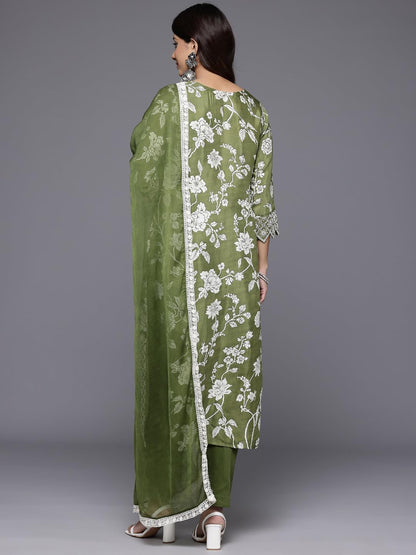 Varanga Women Green Floral Printed Shiffly Work Kurta Paired with Bottom and Dupatta
