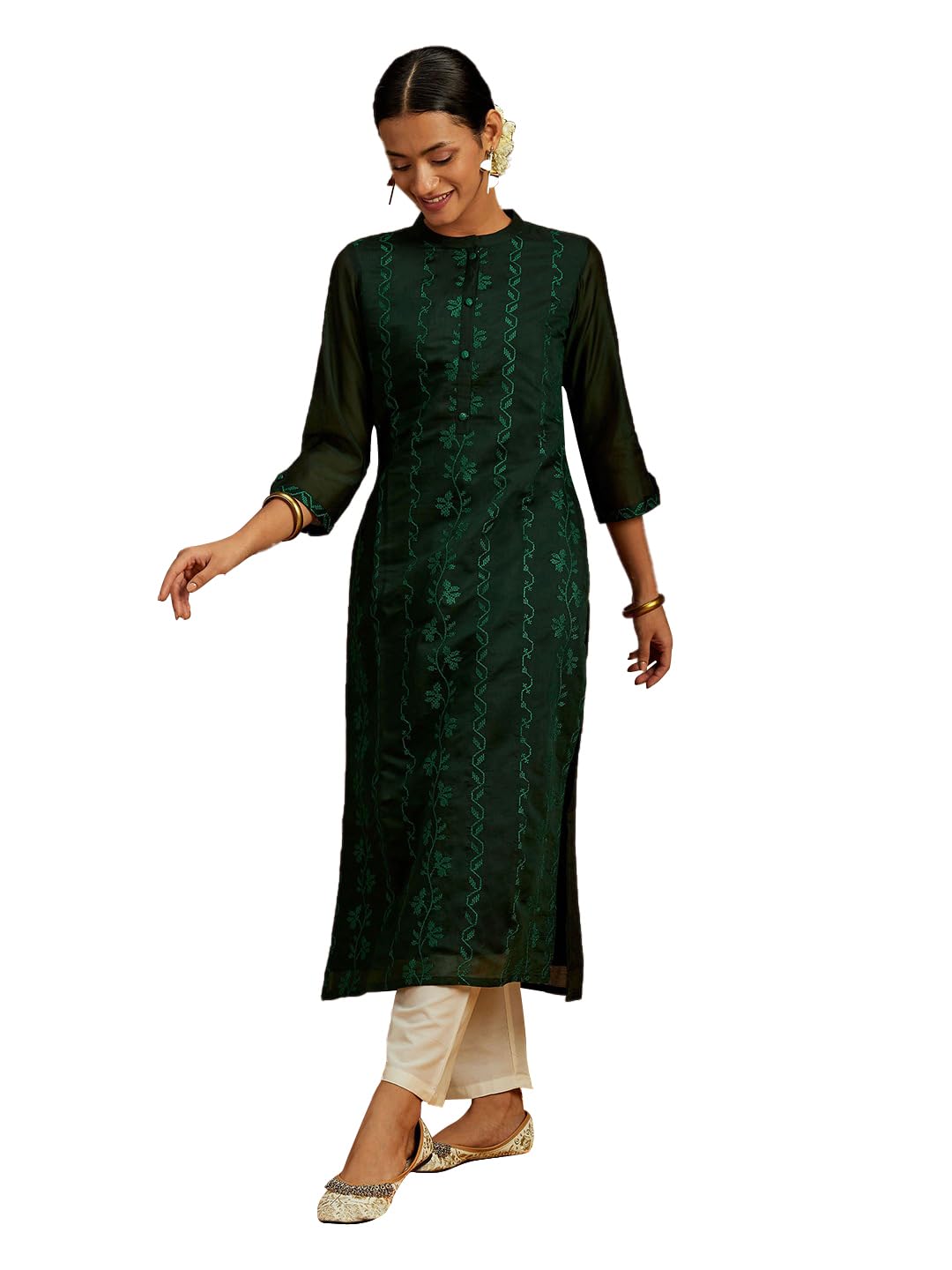 Libas WomenS Chanderi Silk Embroidered Straight Kurta (58008_Green