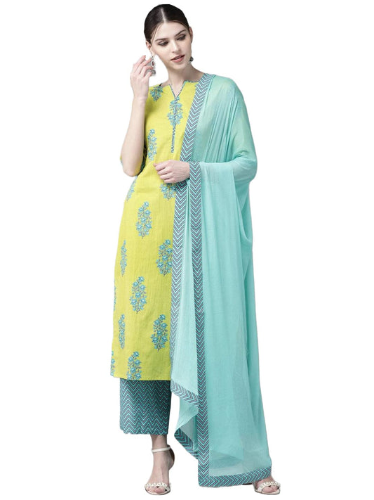 GoSriKi Women's Cotton Blend Straight Printed Kurta with Pant & Dupatta (Pari Green-GS)