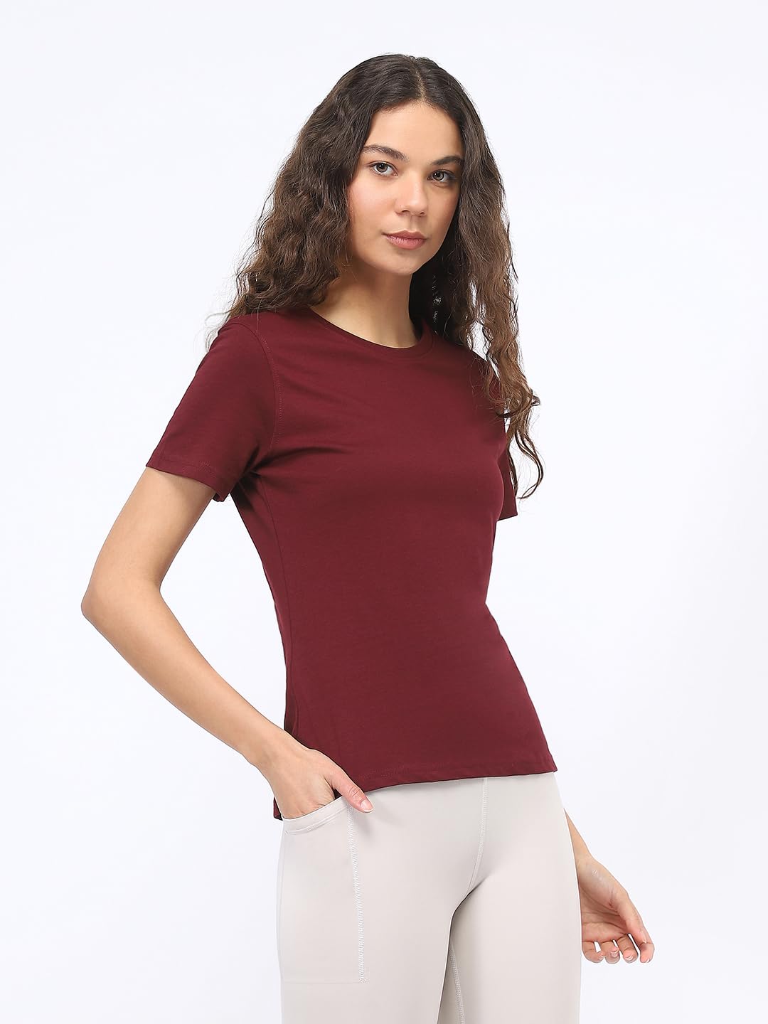 Nobero WomenS Solid Regular Fit T-Shirt (1W-Twts-R0003_Wine Red