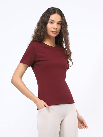 Nobero WomenS Solid Regular Fit T-Shirt (1W-Twts-R0003_Wine Red