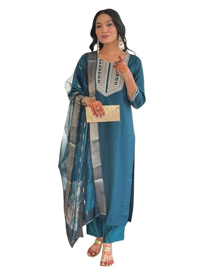 Naixa WomenS Petrol Bsy Viscose Embroidered Straight Kurta With Bsy Viscose Pant And Organza Jacquard Dupatta Sets (Nx-632-Petr