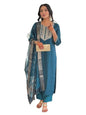 Naixa WomenS Petrol Bsy Viscose Embroidered Straight Kurta With Bsy Viscose Pant And Organza Jacquard Dupatta Sets (Nx-632-Petr