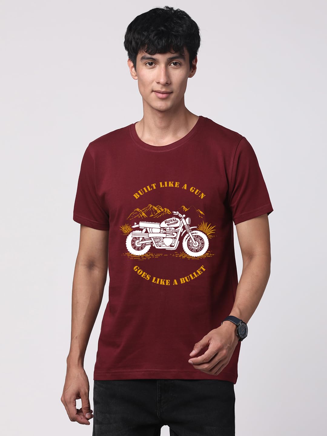 ADRO Men's Royal Bike Design Printed 100% Cotton T-Shirt - Regular Fit, Printed T-Shirts for Men (RN24-RYL-MR_Maroon)