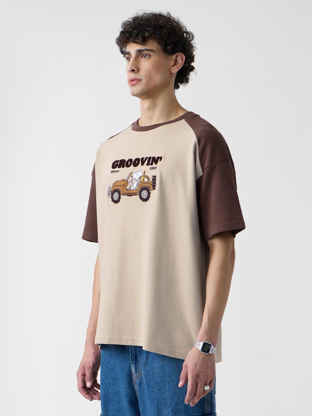 The Souled Store Ottoman: Peanuts Groovin Men and Boys Short Sleeves Round Neck Brown Embroidered Cotton Oversized T-Shirts