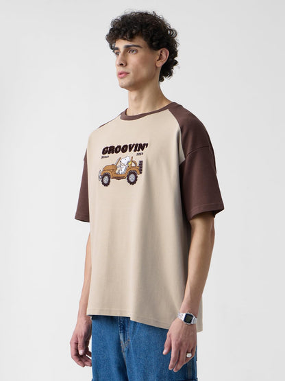 The Souled Store Ottoman: Peanuts Groovin Men and Boys Short Sleeves Round Neck Brown Embroidered Cotton Oversized T-Shirts