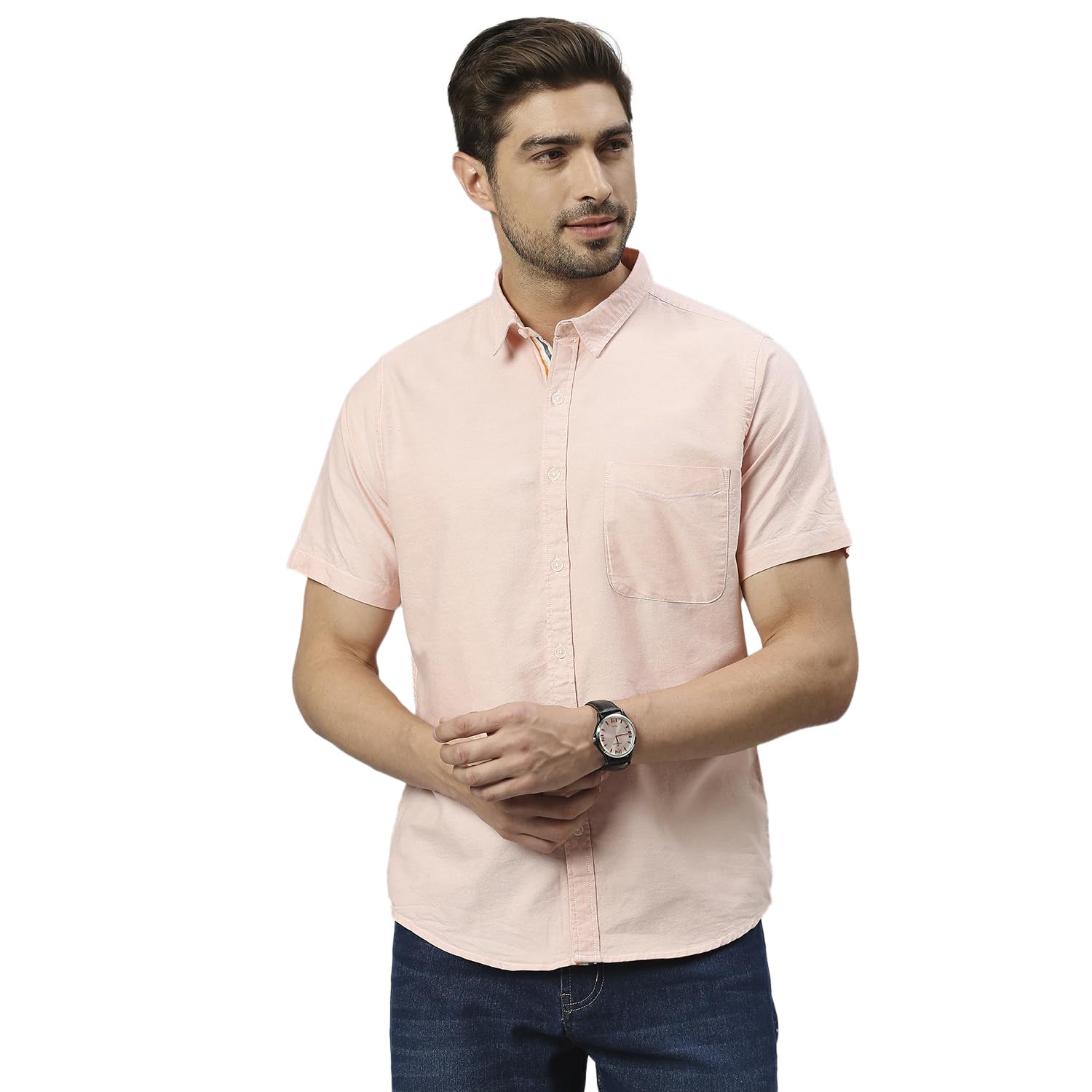 Thomas Scott Spread Collar Slim Fit Solid 100% Cotton Half Sleeve Shirt for Mens Orange