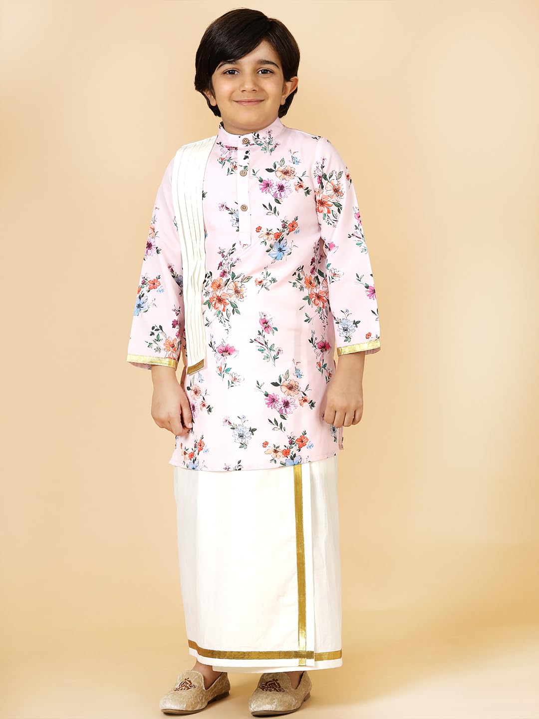 A.T.U.N. (ALL THINGS UBER NICE) Boys Soft Pink Floral Printed Kurta with Elasticated Mundu with Underneath Shorts Set