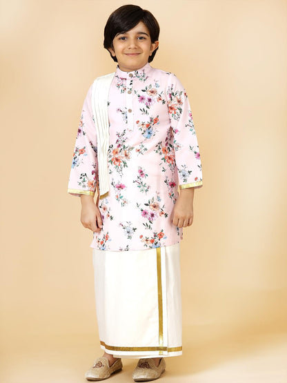 A.T.U.N. (ALL THINGS UBER NICE) Boys Soft Pink Floral Printed Kurta with Elasticated Mundu with Underneath Shorts Set