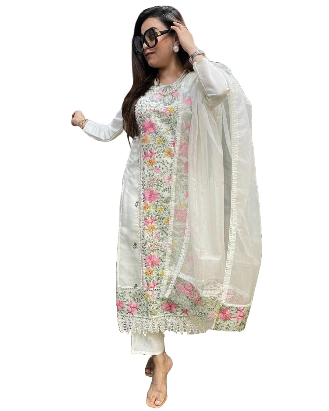 Gosriki WomenS Rayon Viscose Straight Embroidered Kurta With Pant & Dupatta (Karachi White-Gs_L_White_Large)