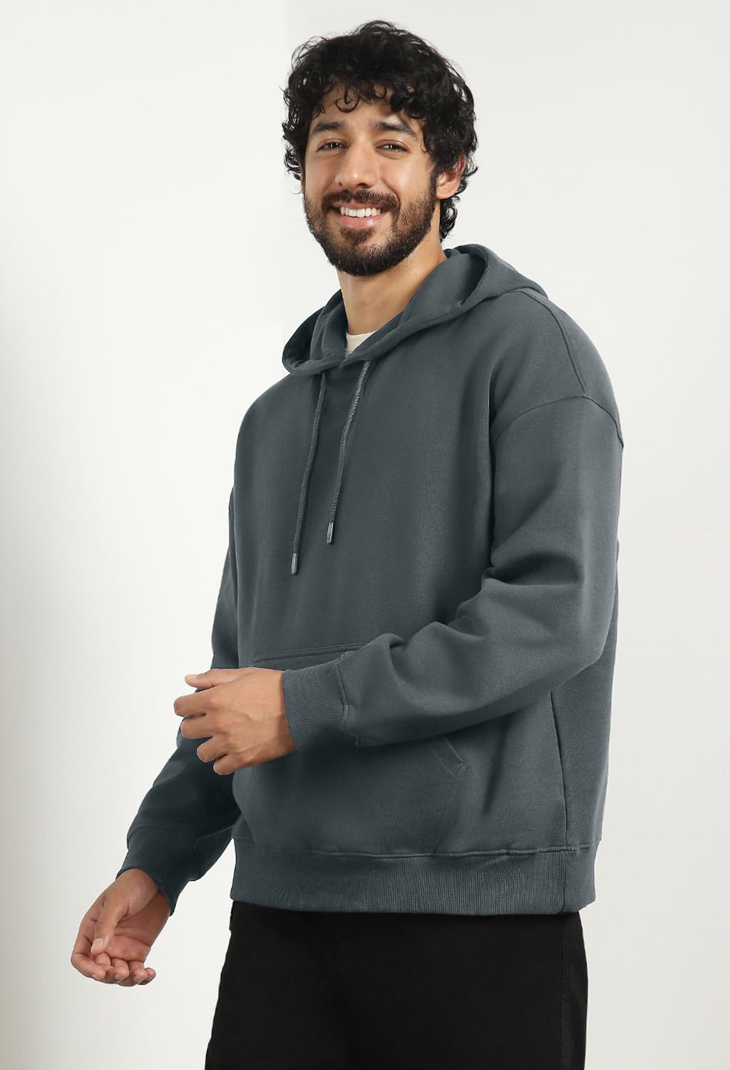 Nobero MenS Cotton Blend Neck Hooded Sweatshirt (1M-Twho-R0041_Graphite