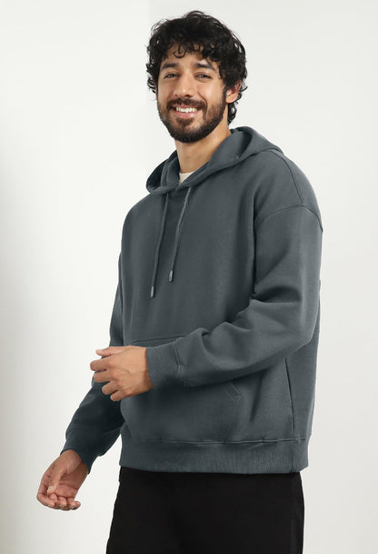 Nobero MenS Cotton Blend Neck Hooded Sweatshirt (1M-Twho-R0041_Graphite