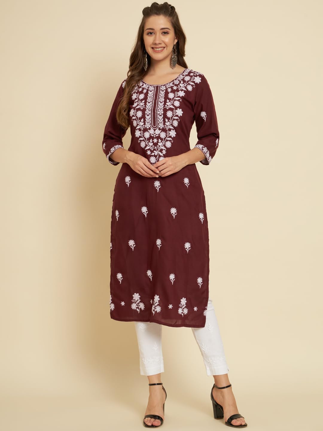 Ekasya WomenS Soft Cotton Slub Floral Embroidered Kurta With Round Neck 3/4 Sleeve Calf Length | Kurti For Women Cotton | E1572