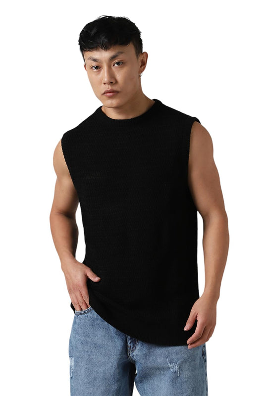 Hubberholme Men Acrylic Knitted Oversized Fit Round Neck Sleeveless Sweaters 9 Black