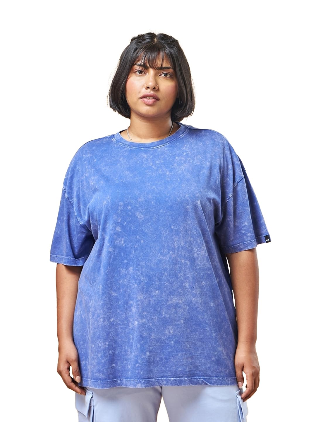 Bewakoof Womens Self Design Oversized Fit Half Sleeve Round Neck Cotton Jersey Plus Size Acid Wash T-Shirt 611030 Blue 4XL