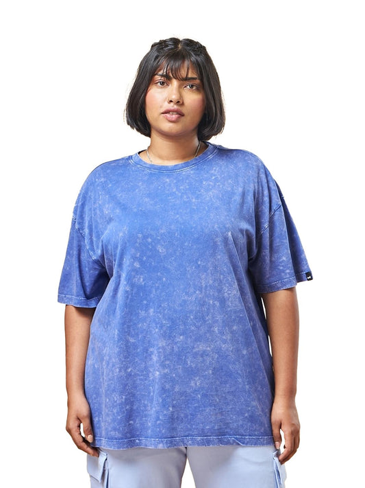 Bewakoof Womens Self Design Oversized Fit Half Sleeve Round Neck Cotton Jersey Plus Size Acid Wash T-Shirt 611030 Blue 4XL
