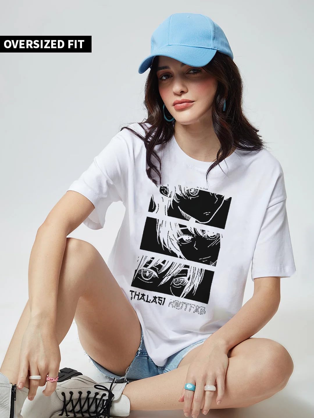 Thalasi WomenS Cartoon Oversized Fit T-Shirt (Wts_615_Anime_White