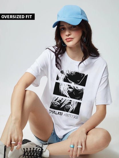 Thalasi WomenS Cartoon Oversized Fit T-Shirt (Wts_615_Anime_White