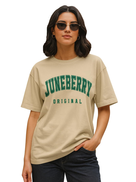 Juneberry Swan White Oversized Drop Shoulders Brand Logo Typography Print Round-Neck Relaxed Fit T-Shirt For Women (Jb_Os_100_Jb