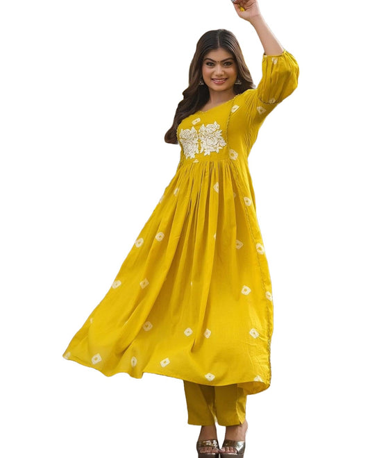 ANNI DESIGNER Womens Rayon Blend Anarkali Printed Kurta with Pant (ANVESHI YELLOW-VKS01_S_Yellow_Small)