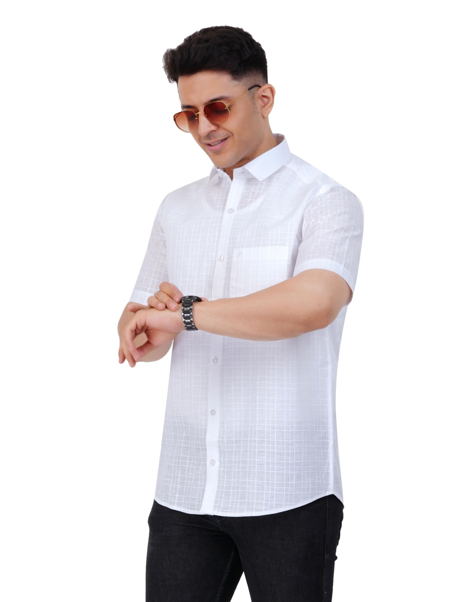 PRAKASAM COTTON Minister Cotton White Half Sleeve Shirt for Mens/Transparent Self Design Cotton White Regular Fit Shirt for Men