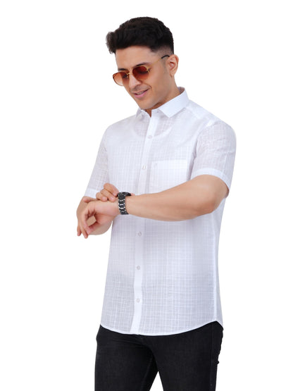 PRAKASAM COTTON Minister Cotton White Half Sleeve Shirt for Mens/Transparent Self Design Cotton White Regular Fit Shirt for Men
