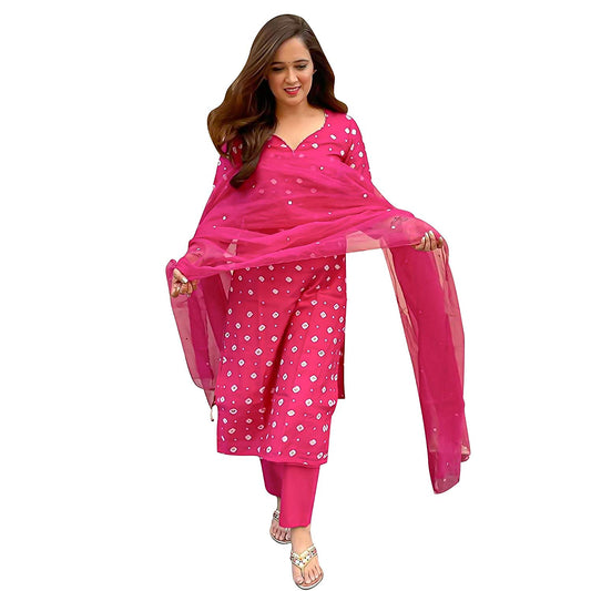 GoSriKi Women's Rayon Printed Kurta with Palazzo and Dupatta (Railing Pink_Pink_)