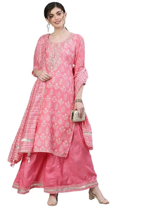 ishin Women's Silk Pink Embellished Straight Kurta set With Sharara And Dupatta