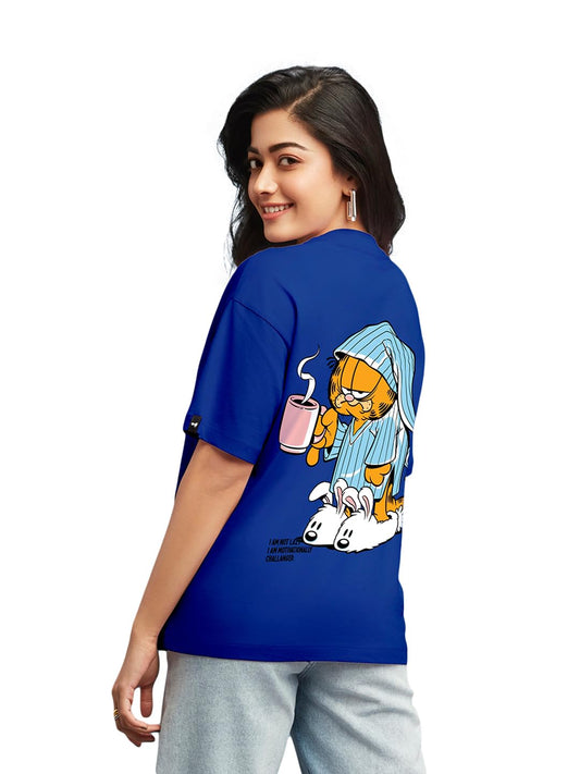 Bewakoof X Official Garfield Merchandise Womens Lazy Garfield Graphic Printed 100% Cotton T-Shirt - Oversized Fit, Round Neck,