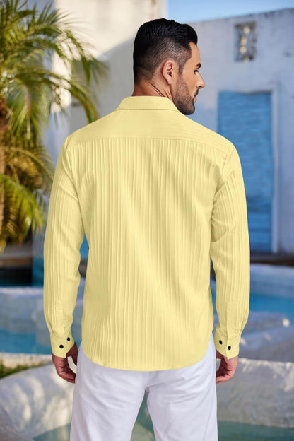Finivo Fashion MenS Casual Cotton Plain Button Down Shirt Long Sleeve Textured Summer Beach Shirt For Men Yellow