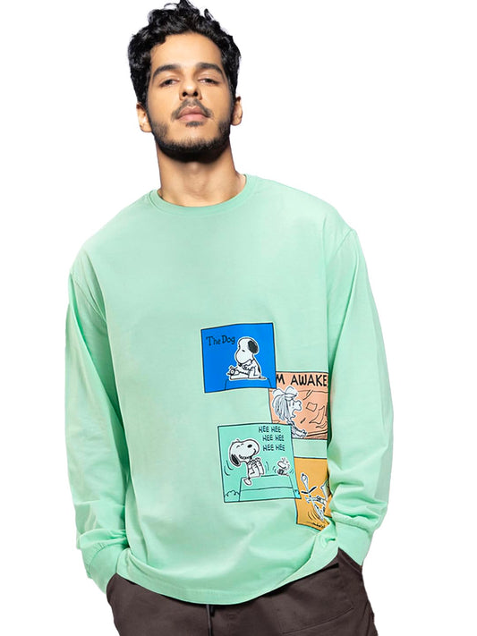 Bewakoof Official Peanuts Merchandise Mens Snoopy Stripboard Graphic Print Cotton Jersey T-Shirt - Oversized Fit, Round Neck, L