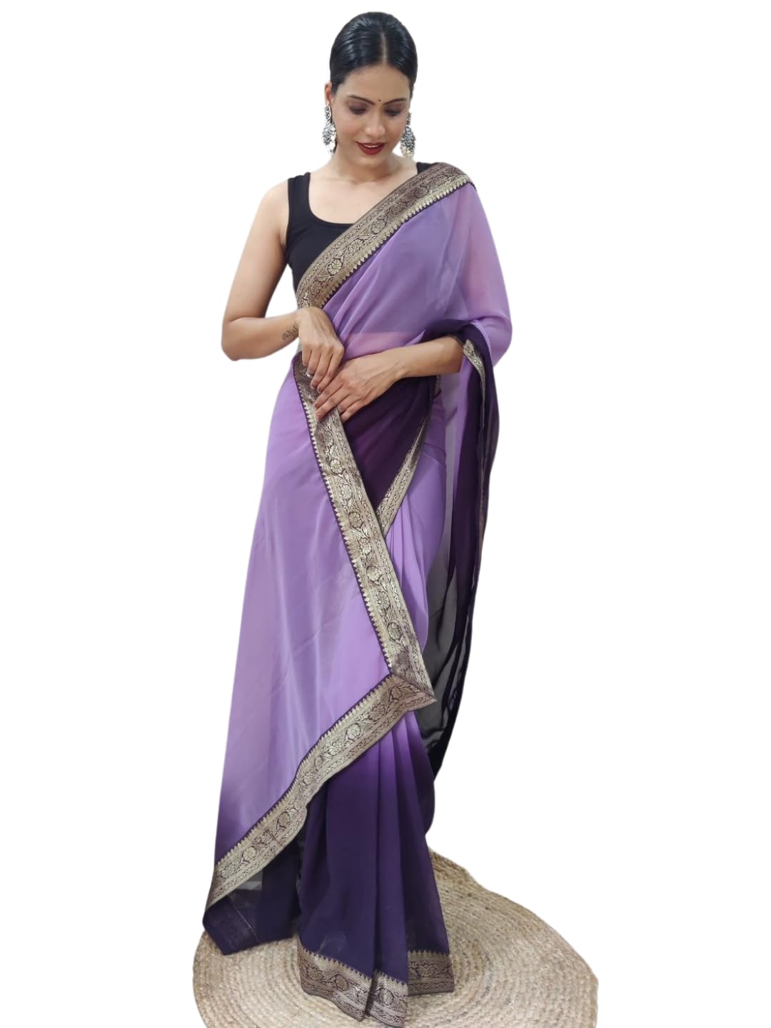 Shiv Textiles Womens Gorgette Less Border Zip And Go Pre-Stitched Saree  Effortless Wear & Comfort : Ready To Wear Saree(Sb-St-R