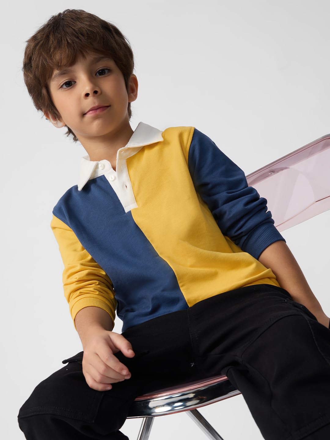 The Souled Store Solids : Blue,Mustard(Colourblock) Boys Long Sleeves Round Neck Color Blocked Relaxed Fit Cotton Sweatshirts